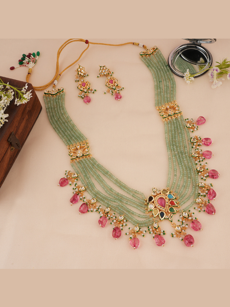 Gold Plated Ethnic Long Necklace Set With Earrings