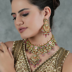 Gold Plated Pink Kundan Choker Necklace Set With Earrings