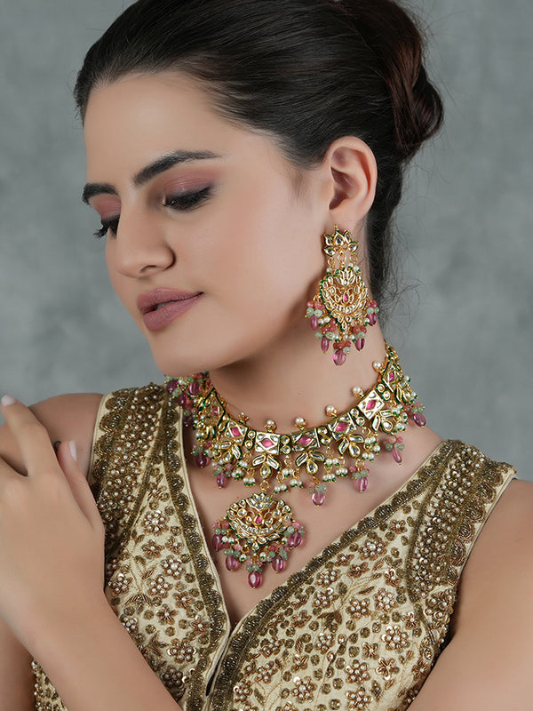 Gold Plated Pink Kundan Choker Necklace Set With Earrings