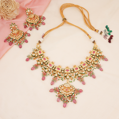 Gold Plated Pink Kundan Choker Necklace Set With Earrings