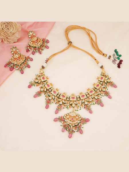 Gold Plated Pink Kundan Choker Necklace Set With Earrings