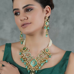 Gold Plated Kundan Studded Green Choker Necklace Set With Earrings