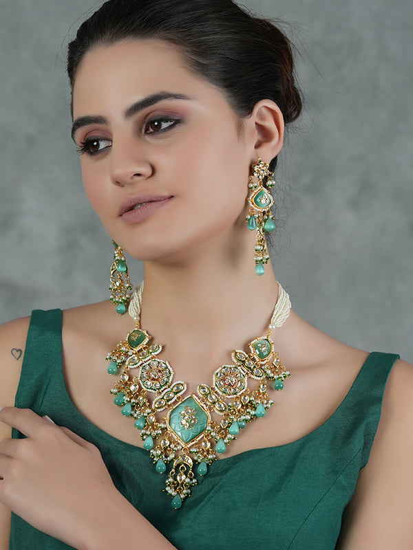 Gold Plated Kundan Studded Green Choker Necklace Set With Earrings
