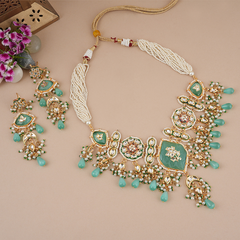 Gold Plated Kundan Studded Green Choker Necklace Set With Earrings