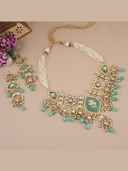 Gold Plated Kundan Studded Green Choker Necklace Set With Earrings