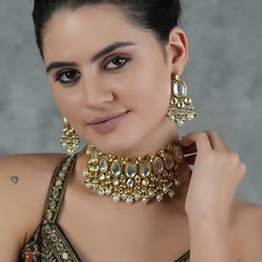 Gold Plated Pearls Kundan Choker Necklace Set With Earrings