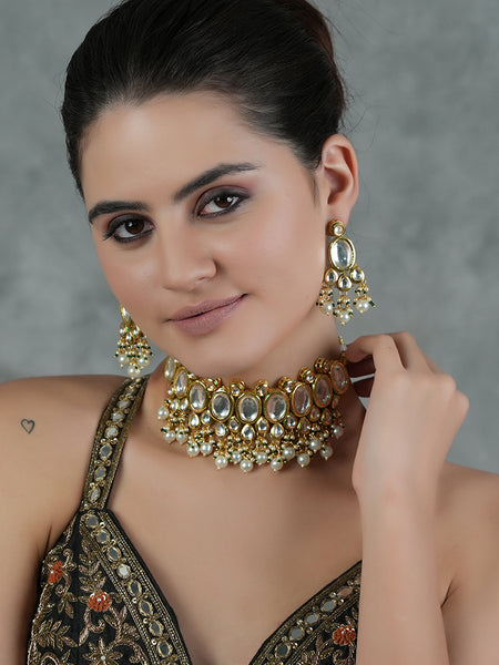 Gold Plated Pearls Kundan Choker Necklace Set With Earrings