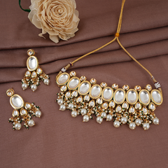 Gold Plated Pearls Kundan Choker Necklace Set With Earrings