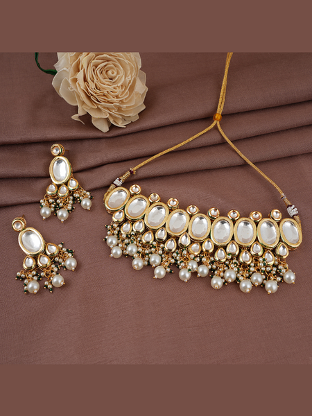 Gold Plated Pearls Kundan Choker Necklace Set With Earrings