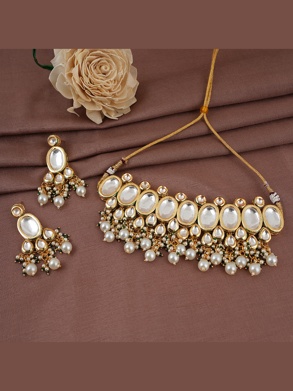 Gold Plated Pearls Kundan Choker Necklace Set With Earrings