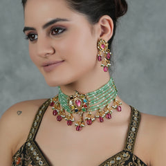 Gold Plated Multi-Color Choker Necklace Set With Earrings