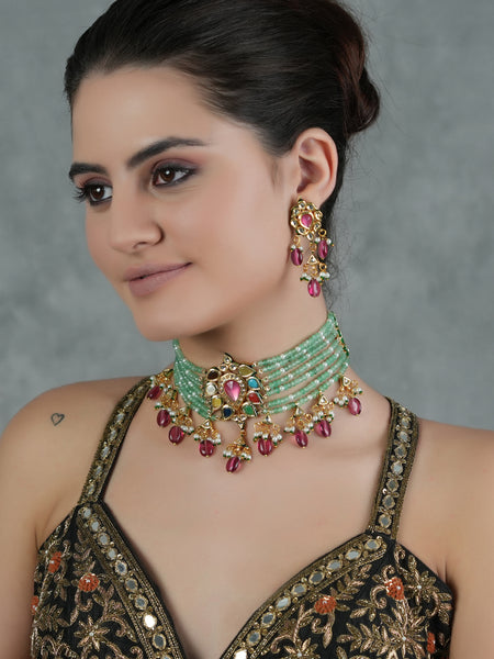 Gold Plated Multi-Color Choker Necklace Set With Earrings