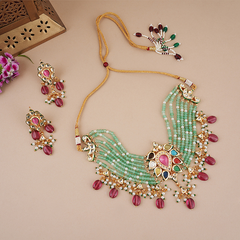 Gold Plated Multi-Color Choker Necklace Set With Earrings