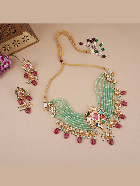 Gold Plated Multi-Color Choker Necklace Set With Earrings