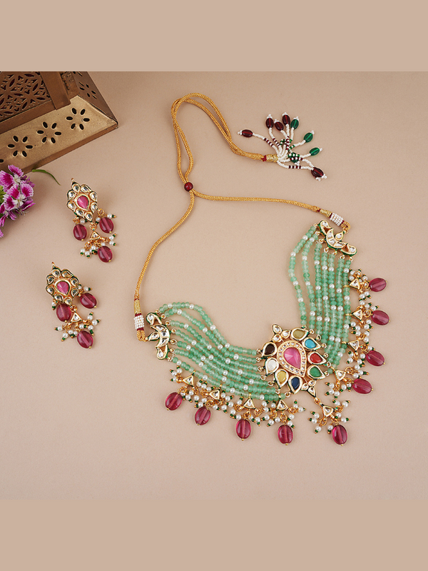 Gold Plated Multi-Color Choker Necklace Set With Earrings