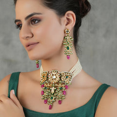 Gold Plated Ethnic Choker Set With Earrings