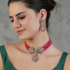 Gold Plated Rose Quartz Pink Choker Necklace Set With Earrings