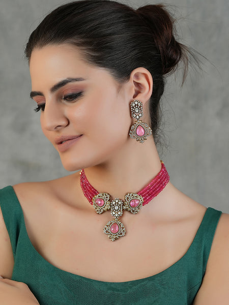 Gold Plated Rose Quartz Pink Choker Necklace Set With Earrings