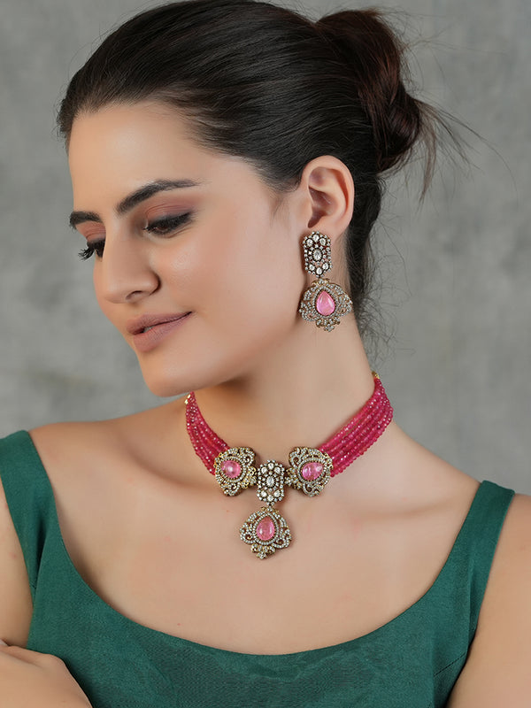 Gold Plated Rose Quartz Pink Choker Necklace Set With Earrings