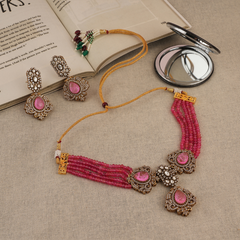 Gold Plated Rose Quartz Pink Choker Necklace Set With Earrings