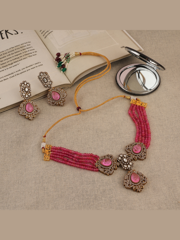 Gold Plated Rose Quartz Pink Choker Necklace Set With Earrings