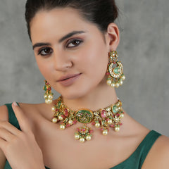 Gold Plated Kunan Polki Multi-Color Choker Set With Earrings