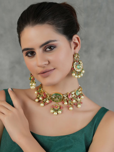 Gold Plated Kunan Polki Multi-Color Choker Set With Earrings
