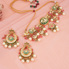 Gold Plated Kunan Polki Multi-Color Choker Set With Earrings