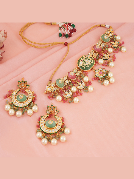 Gold Plated Kunan Polki Multi-Color Choker Set With Earrings