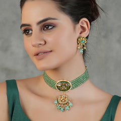 Gold Plated Kunan Polki Jade Chokar Set With Earrings