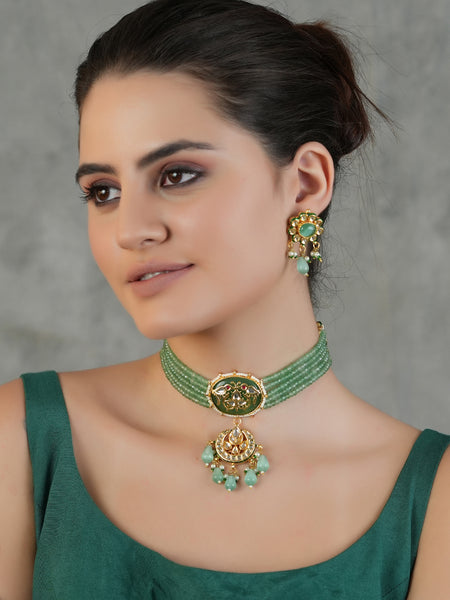 Gold Plated Kunan Polki Jade Chokar Set With Earrings