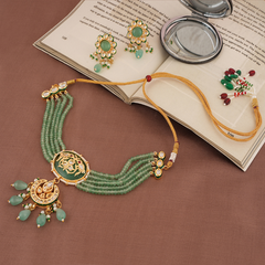 Gold Plated Kunan Polki Jade Chokar Set With Earrings