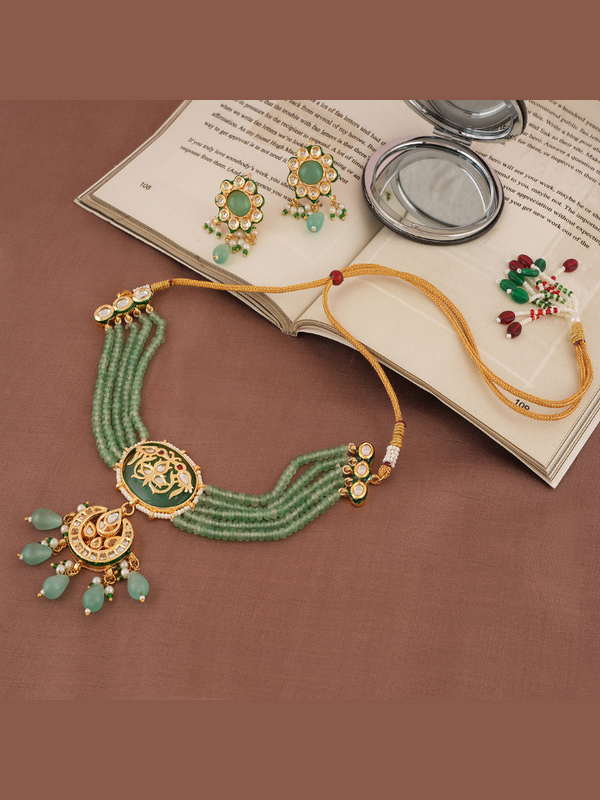 Gold Plated Kunan Polki Jade Chokar Set With Earrings