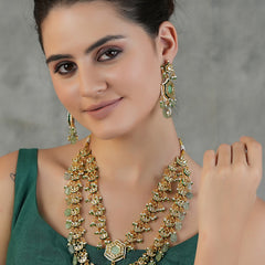 Gold Plated Long Necklace Set With Earrings