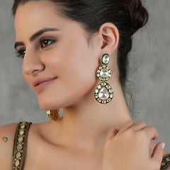 Gold Plated Green Ethnic Danglers Studded With Kundan