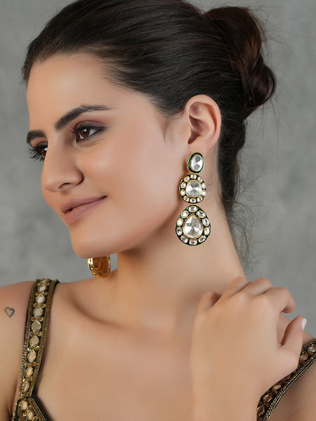 Gold Plated Green Ethnic Danglers Studded With Kundan
