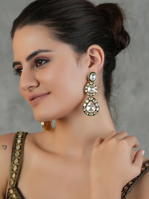 Gold Plated Green Ethnic Danglers Studded With Kundan