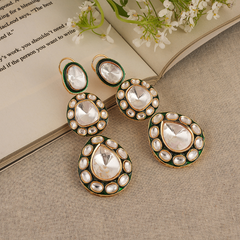 Gold Plated Green Ethnic Danglers Studded With Kundan