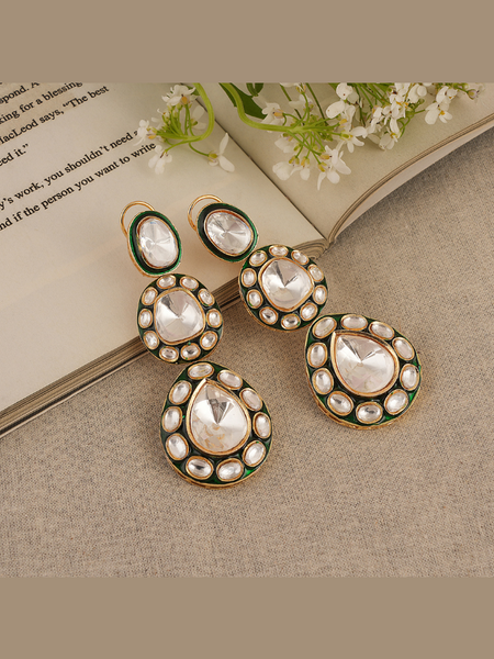 Gold Plated Green Ethnic Danglers Studded With Kundan
