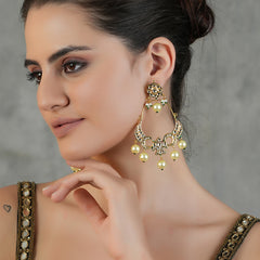 Gold Plated Kundan Ethnic Danglers with White Pearls