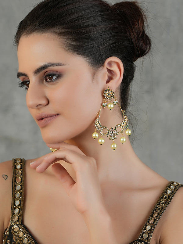Gold Plated Kundan Ethnic Danglers with White Pearls
