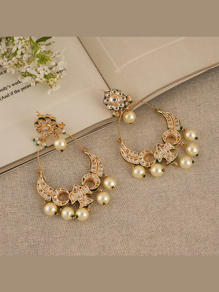 Gold Plated Kundan Ethnic Danglers with White Pearls