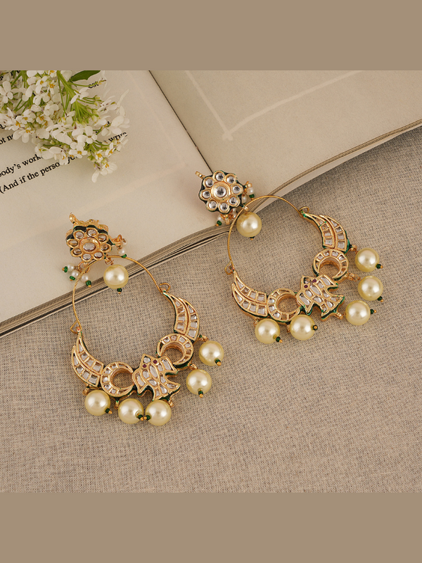 Gold Plated Kundan Ethnic Danglers with White Pearls