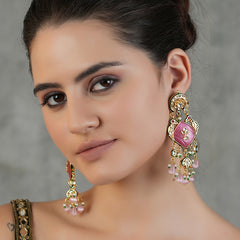 Gold Plated Ethnic Pink Danglers