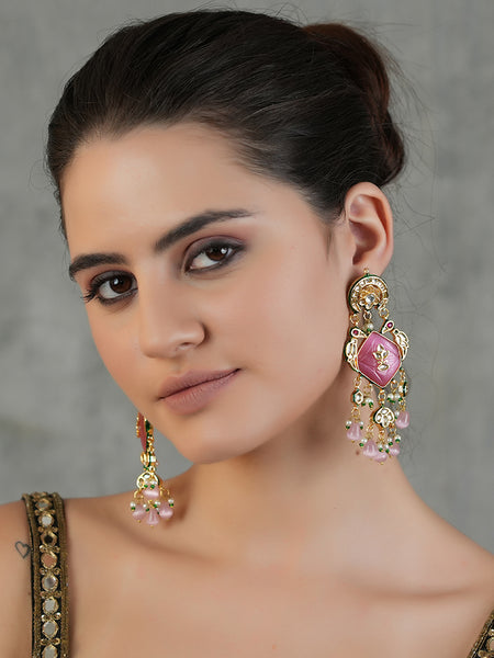 Gold Plated Ethnic Pink Danglers