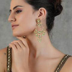 Gold Plated Kundan Earrings With Green Beads