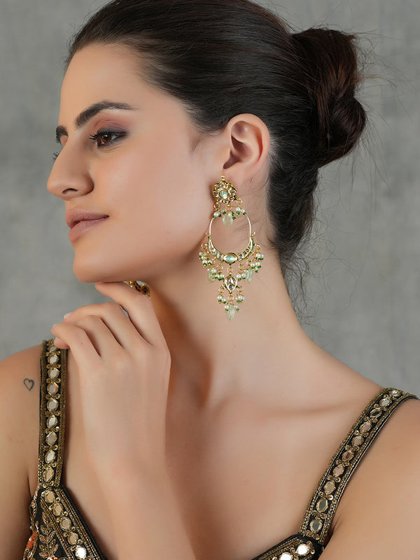 Gold Plated Kundan Earrings With Green Beads