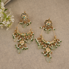 Gold Plated Kundan Earrings With Green Beads