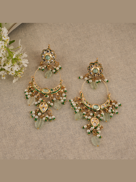 Gold Plated Kundan Earrings With Green Beads