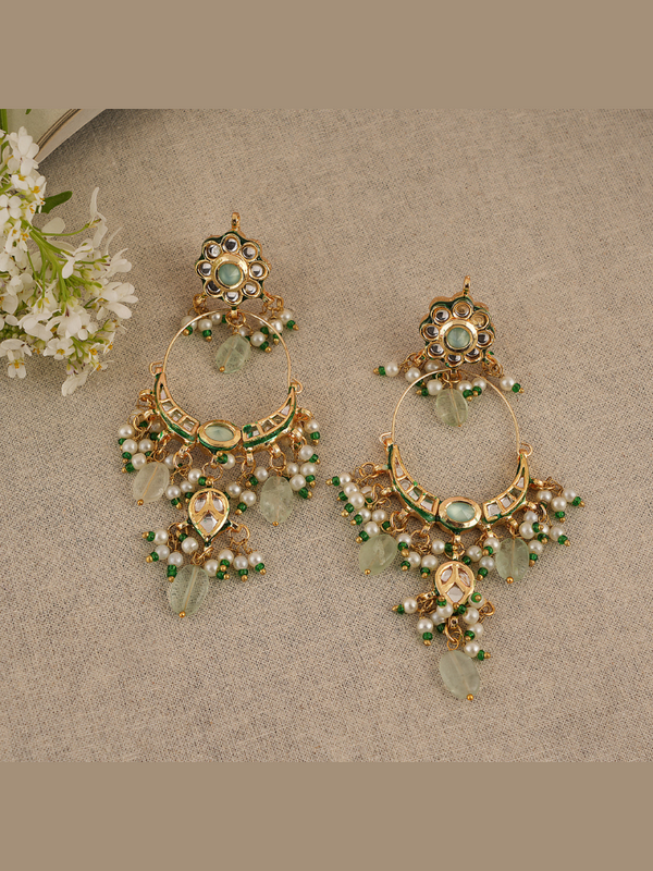 Gold Plated Kundan Earrings With Green Beads